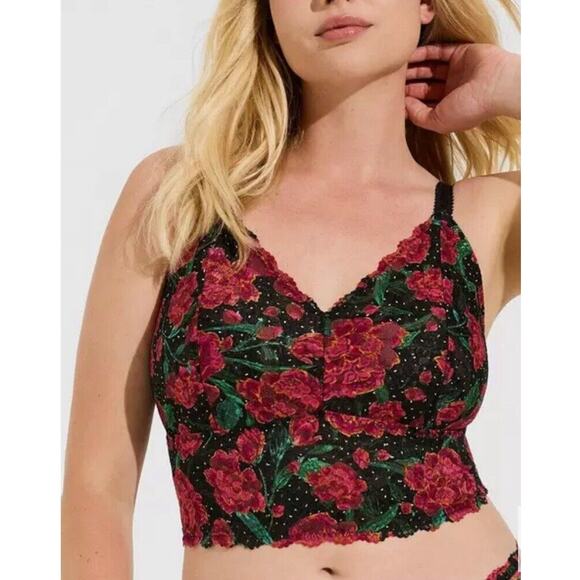 Torrid Unlined Lace Crop Bralette Jenna Pop Floral Rich Black Pristine Size 0/L - Picture 1 of 7